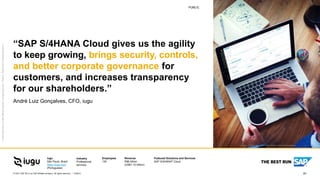61
PUBLIC
© 2021 SAP SE or an SAP affiliate company. All rights reserved. ǀ
PUBLIC
iugu
São Paulo, Brazil
https://iugu.com
(Portuguese)
Employees
130
Revenue
R$6 billion
(US$1.12 billion)
Featured Solutions and Services
SAP S/4HANA® Cloud
©
2020
SAP
SE
or
an
SAP
affiliate
company.
All
rights
reserved.
ǀ
PUBLIC
ǀ
Studio
SAP
|
72902enUS
(20/11)
“SAP S/4HANA Cloud gives us the agility
to keep growing, brings security, controls,
and better corporate governance for
customers, and increases transparency
for our shareholders.”
André Luiz Gonçalves, CFO, iugu
Picture Credit | iugu, São Paulo, Brazil. Used with permission.
Industry
Professional
services
 