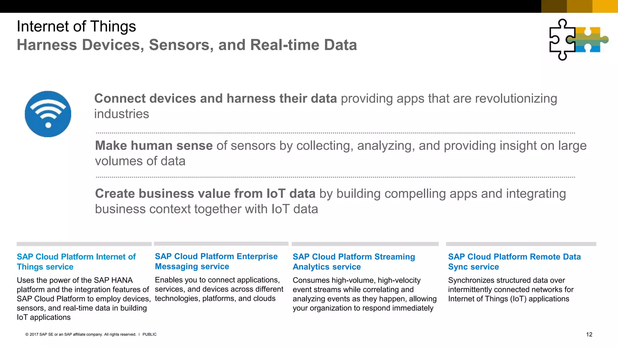 12PUBLIC© 2017 SAP SE or an SAP affiliate company. All rights reserved. ǀ
Internet of Things
Harness Devices, Sensors, and Real-time Data
Connect devices and harness their data providing apps that are revolutionizing
industries
Make human sense of sensors by collecting, analyzing, and providing insight on large
volumes of data
Create business value from IoT data by building compelling apps and integrating
business context together with IoT data
SAP Cloud Platform Internet of
Things service
Uses the power of the SAP HANA
platform and the integration features of
SAP Cloud Platform to employ devices,
sensors, and real-time data in building
IoT applications
SAP Cloud Platform Remote Data
Sync service
Synchronizes structured data over
intermittently connected networks for
Internet of Things (IoT) applications
SAP Cloud Platform Streaming
Analytics service
Consumes high-volume, high-velocity
event streams while correlating and
analyzing events as they happen, allowing
your organization to respond immediately
SAP Cloud Platform Enterprise
Messaging service
Enables you to connect applications,
services, and devices across different
technologies, platforms, and clouds
 
