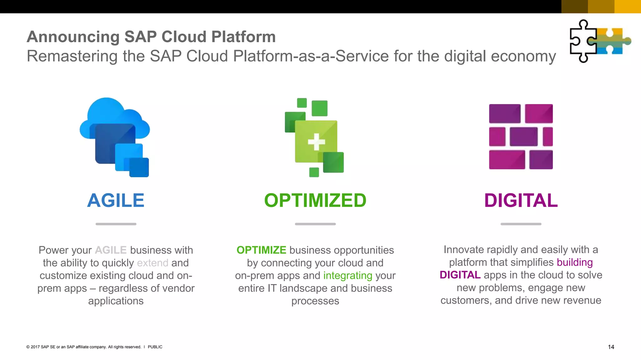 14PUBLIC© 2017 SAP SE or an SAP affiliate company. All rights reserved. ǀ
Announcing SAP Cloud Platform
Remastering the SAP Cloud Platform-as-a-Service for the digital economy
AGILE DIGITALOPTIMIZED
Power your AGILE business with
the ability to quickly extend and
customize existing cloud and on-
prem apps – regardless of vendor
applications
OPTIMIZE business opportunities
by connecting your cloud and
on-prem apps and integrating your
entire IT landscape and business
processes
Innovate rapidly and easily with a
platform that simplifies building
DIGITAL apps in the cloud to solve
new problems, engage new
customers, and drive new revenue
 