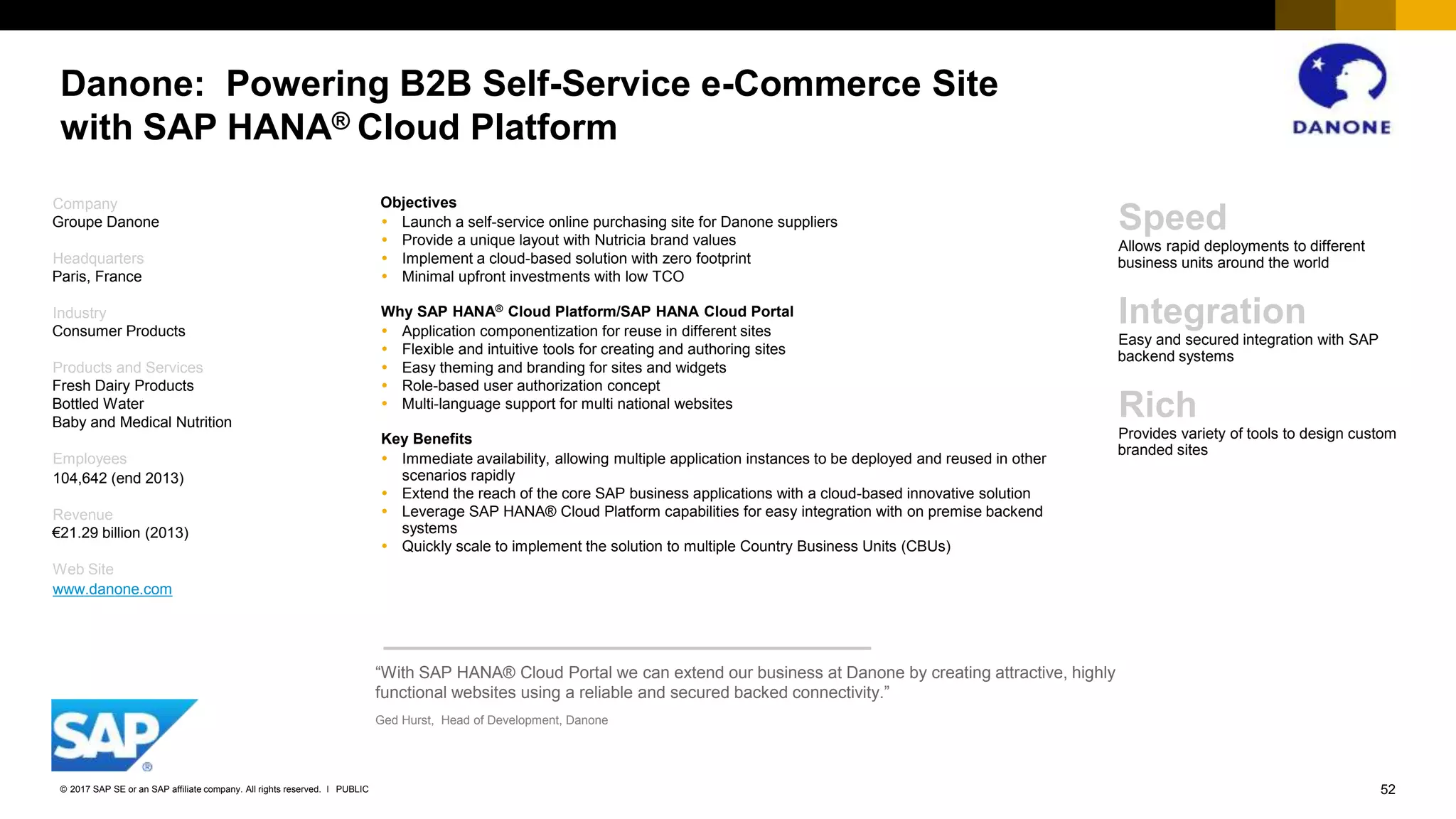 52PUBLIC© 2017 SAP SE or an SAP affiliate company. All rights reserved. ǀ
Danone: Powering B2B Self-Service e-Commerce Site
with SAP HANA® Cloud Platform
Company
Groupe Danone
Headquarters
Paris, France
Industry
Consumer Products
Products and Services
Fresh Dairy Products
Bottled Water
Baby and Medical Nutrition
Employees
104,642 (end 2013)
Revenue
€21.29 billion (2013)
Web Site
www.danone.com
Objectives
 Launch a self-service online purchasing site for Danone suppliers
 Provide a unique layout with Nutricia brand values
 Implement a cloud-based solution with zero footprint
 Minimal upfront investments with low TCO
Why SAP HANA® Cloud Platform/SAP HANA Cloud Portal
 Application componentization for reuse in different sites
 Flexible and intuitive tools for creating and authoring sites
 Easy theming and branding for sites and widgets
 Role-based user authorization concept
 Multi-language support for multi national websites
Key Benefits
 Immediate availability, allowing multiple application instances to be deployed and reused in other
scenarios rapidly
 Extend the reach of the core SAP business applications with a cloud-based innovative solution
 Leverage SAP HANA® Cloud Platform capabilities for easy integration with on premise backend
systems
 Quickly scale to implement the solution to multiple Country Business Units (CBUs)
“With SAP HANA® Cloud Portal we can extend our business at Danone by creating attractive, highly
functional websites using a reliable and secured backed connectivity.”
Ged Hurst, Head of Development, Danone
Speed
Allows rapid deployments to different
business units around the world
Integration
Easy and secured integration with SAP
backend systems
Rich
Provides variety of tools to design custom
branded sites
 