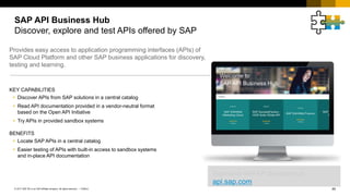 45PUBLIC© 2017 SAP SE or an SAP affiliate company. All rights reserved. ǀ
SAP API Business Hub
Discover, explore and test APIs offered by SAP
Provides easy access to application programming interfaces (APIs) of
SAP Cloud Platform and other SAP business applications for discovery,
testing and learning.
KEY CAPABILITIES
 Discover APIs from SAP solutions in a central catalog
 Read API documentation provided in a vendor-neutral format
based on the Open API Initiative
 Try APIs in provided sandbox systems
BENEFITS
 Locate SAP APIs in a central catalog
 Easier testing of APIs with built-in access to sandbox systems
and in-place API documentation
Experience SAP API Business Hub:
api.sap.com
 