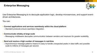 54PUBLIC© 2017 SAP SE or an SAP affiliate company. All rights reserved. ǀ
Use Enterprise Messaging to to decouple application logic, develop microservices, and support event-
driven architectures.
You can:
 Connect applications and services seamlessly within the cloud platform
– Standard protocols ensure seamless integration.
 Communicate reliably at large scale
– Messaging middleware decouples communication between senders and receivers for greater scalability.
 Send and receive a high number of messages in real-time
– Asynchronous message patterns means it’s easy to handle unexpected peaks in data traffic and possible
scale to millions of messages per second.
Enterprise Messaging
 