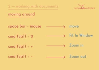 moving around
2 — working with documents
space bar + mouse
cmd (ctrl) + 0
cmd (ctrl) + +
cmd (ctrl) + -
move
Fit In Window
Zoom in
Zoom out
 