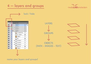 4 — layers and groups
LAYERS
GROUPS
OBJECTS
(PATH - IMAGES - TEXT)
lock / hide
name your layers and groups!
 