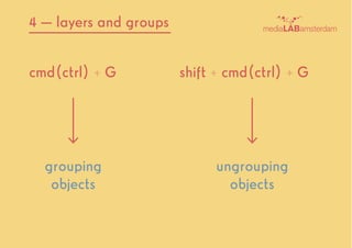 cmd(ctrl) + G
grouping
objects
ungrouping
objects
shift + cmd(ctrl) + G
4 — layers and groups
 