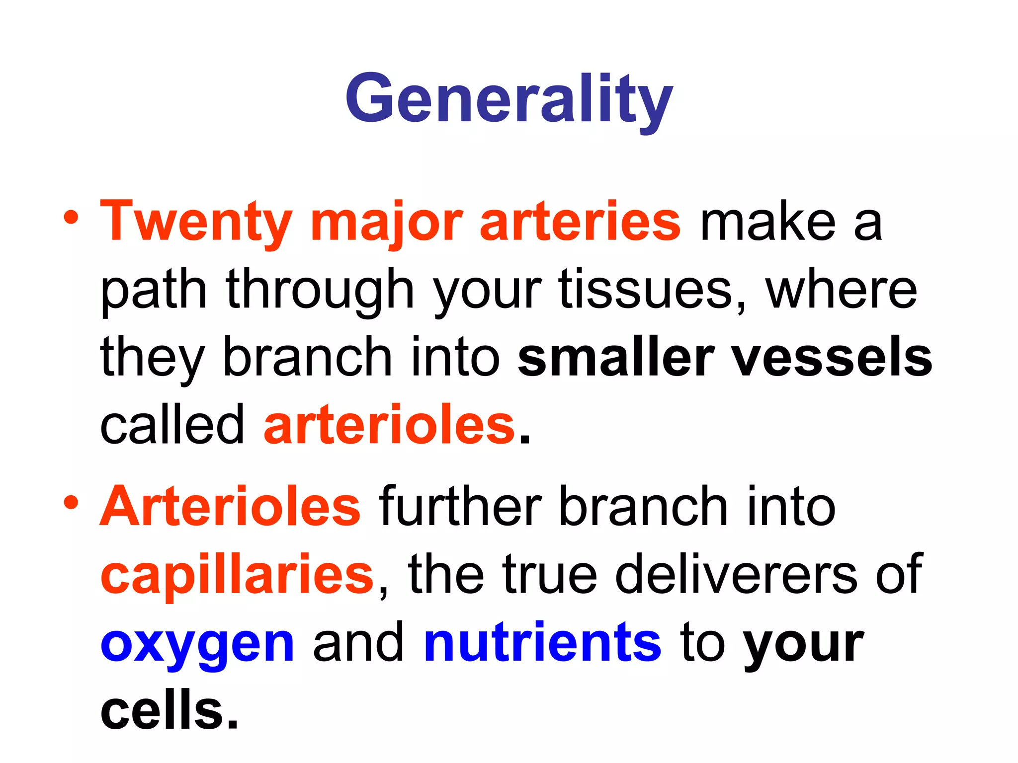 Generality
• Twenty major arteries make a
path through your tissues, where
they branch into smaller vessels
called arterioles.
• Arterioles further branch into
capillaries, the true deliverers of
oxygen and nutrients to your
cells.
 