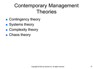 Contemporary Management
Theories
 Contingency theory
 Systems theory
 Complexity theory
 Chaos theory
30
 