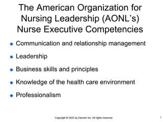The American Organization for
Nursing Leadership (AONL’s)
Nurse Executive Competencies
 Communication and relationship management
 Leadership
 Business skills and principles
 Knowledge of the health care environment
 Professionalism
7
 