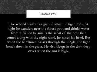 The second stanza is a gist of what the tiger does. At
night he wanders near the forest pool and drinks water
from it. When he smells the scent of the prey that
comes along with the night wind, he raises his head. But
when the herdsmen passes through the jungle, the tiger
bends down in the grass. He also sleeps in the dark deep
caves when the sun is high.
STANZA TWO
 