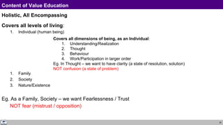 28
Content of Value Education
Holistic, All Encompassing
Covers all levels of living:
1. Individual (human being)
1. Family
2. Society
3. Nature/Existence
Eg. As a Family, Society – we want Fearlessness / Trust
NOT fear (mistrust / opposition)
Covers all dimensions of being, as an Individual:
1. Understanding/Realization
2. Thought
3. Behaviour
4. Work/Participation in larger order
Eg. In Thought – we want to have clarity (a state of resolution, solution)
NOT confusion (a state of problem)
 