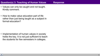 36
• Values can only be caught and not taught.
Kindly comment.
• How to make value education part of life
rather than just being taught as a subject in
formal education?
• Implementation of human values in society
holds the key. It is not just sufficient to teach
the students for few semesters in colleges.
Question(s) 3: Teaching of Human Values Response
 