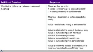 44
What is the difference between value and
meaning
There are four aspects:
1-words 🡪 2-meaning 🡪 3-seeing the reality
🡪 4-seeing the reality in completeness
Meaning – description of certain aspect of a
reality…
Value – the role of a reality at different levels
Value is relative to the context, the larger order
Value of human being as an individual
Value of human being in family
Value of human being in society, etc.
Value of human being in its completeness
Value is one of the aspects of the reality, so a
meaning may indicate one of these value
Additional Question Response
 