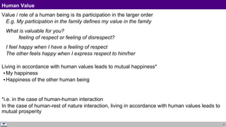 4
Human Value
Value / role of a human being is its participation in the larger order
E.g. My participation in the family defines my value in the family
What is valuable for you?
feeling of respect or feeling of disrespect?
I feel happy when I have a feeling of respect
The other feels happy when I express respect to him/her
Living in accordance with human values leads to mutual happiness*
▪My happiness
▪Happiness of the other human being
*i.e. in the case of human-human interaction
In the case of human-rest of nature interaction, living in accordance with human values leads to
mutual prosperity
 