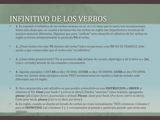 Infinitivo de los verbos1. En español el infinitivo de los verbos termina en ar, er o ir; tiene por lo tanto tres terminaciones. Verás más abajo que, en cuanto a terminación, los verbos en inglés son imperfectos y terminan de muchas maneras diferentes. Digamos que para "unificar" esta situación el infinitivo de los verbos en inglés se forma anteponiéndole la partícula TO al verbo. 2. ¿Tiene traducción este TO delante del verbo? Salvo excepciones, este TO NO SE TRADUCE. Sólo ayuda a que comprendas que el verbo está "en infinitivo".3. ¿Cómo debo pronunciarlo? TO se pronuncia [tu] delante de vocales, diptongos y de la letra w y [te] (con e cerrada) delante de las restantes consonantes.4. Algunos ejemplos: CANTAR se dice TO SING; BEBER se dice TO DRINK; ABRIR se dice TO OPEN. Como ves, hemos dado ejemplos con las TRES terminaciones en español y habrás notado cuán diferentes son en inglés.5. Otra característica del infinitivo es que puedes convertirlo en una INSTRUCCION u ORDEN si eliminas el TO: Closeyourbook !! (¡Cierra tu libro!). Puedes "suavizar" estas órdenes, agregando please (plí:s) (por favor) al principio o al final: Please, closeyourbook (Por favor, cierra tu libro); Closeyourbook, please (Cierra tu libro, por favor).6. En inglés, cuando se diseña un listado de verbos se crean normalmente TRES columnas: Columna 1 para el INFINITIVO. Las columnas 2 y 3 corresponden al pasado y participio pasado que verás más adelante.  