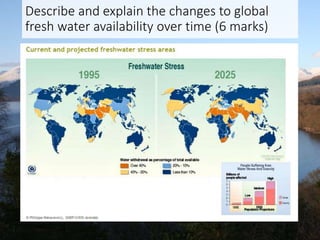 Describe and explain the changes to global
fresh water availability over time (6 marks)
 