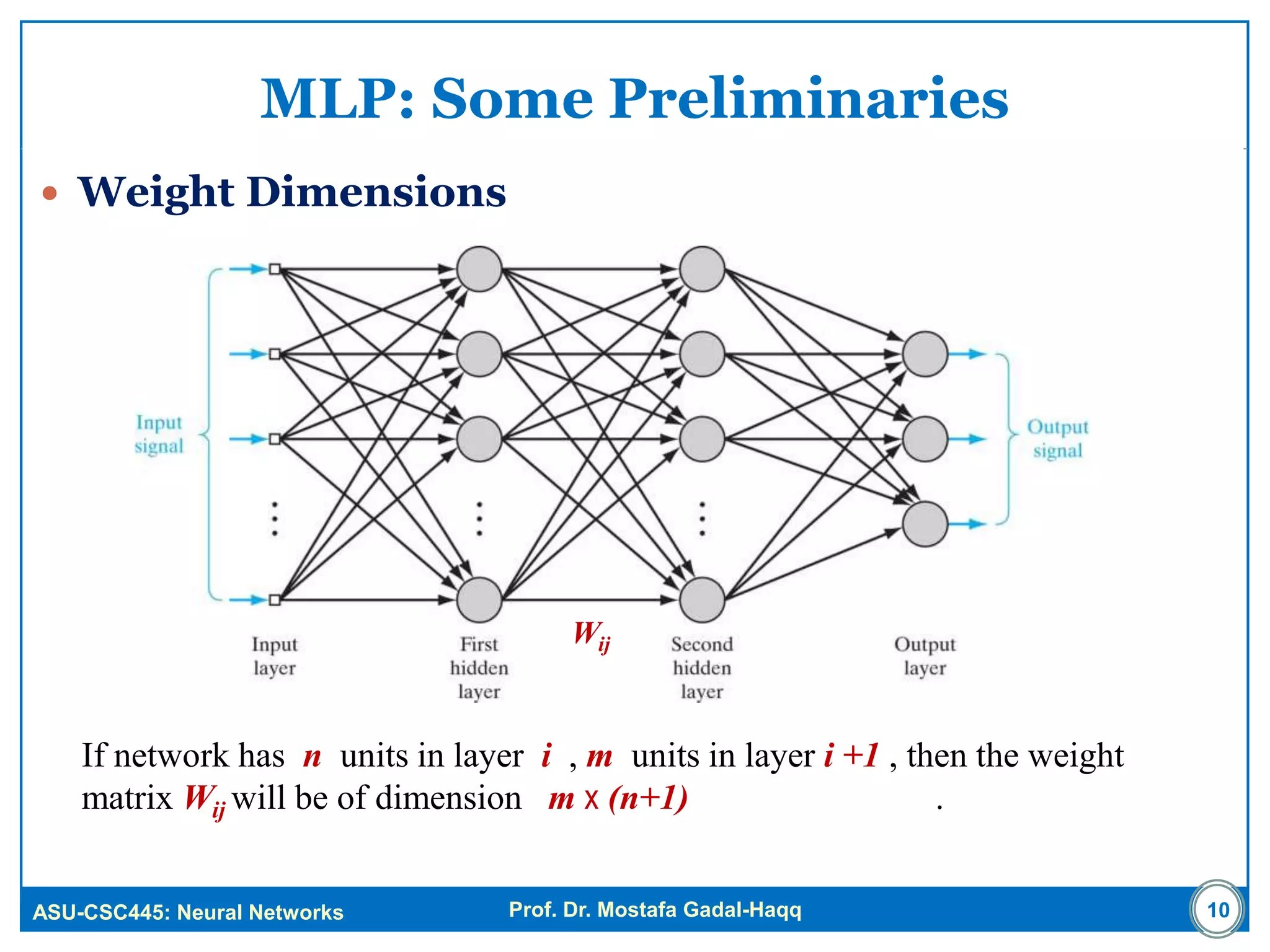 ASU-CSC445: Neural Networks Prof. Dr. Mostafa Gadal-Haqq
MLP: Some Preliminaries
 Weight Dimensions
10
If network has n units in layer i , m units in layer i +1 , then the weight
matrix Wij will be of dimension m x (n+1) .
Wij
 