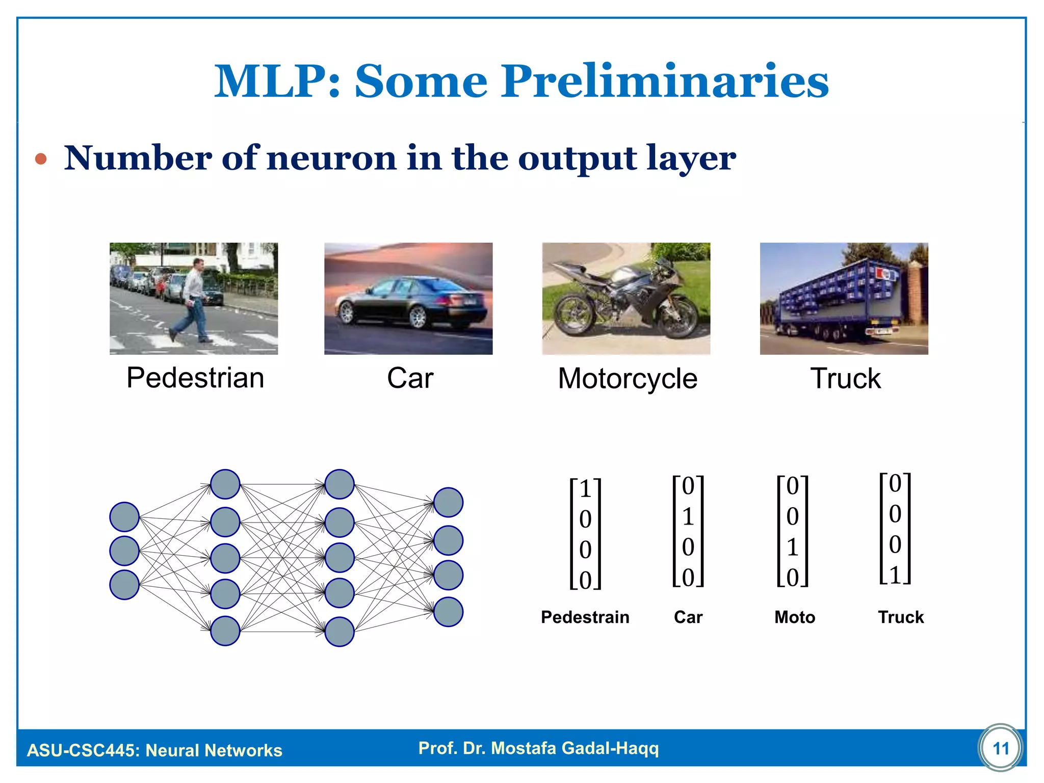 ASU-CSC445: Neural Networks Prof. Dr. Mostafa Gadal-Haqq
MLP: Some Preliminaries
 Number of neuron in the output layer
11
Pedestrian Car Motorcycle Truck
CarPedestrain Moto Truck
1
0
0
0
0
1
0
0
0
0
1
0
0
0
0
1
 