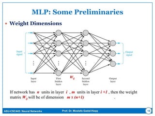 ASU-CSC445: Neural Networks Prof. Dr. Mostafa Gadal-Haqq
MLP: Some Preliminaries
 Weight Dimensions
10
If network has n units in layer i , m units in layer i +1 , then the weight
matrix Wij will be of dimension m x (n+1) .
Wij
 