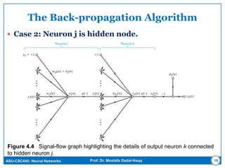 ASU-CSC445: Neural Networks Prof. Dr. Mostafa Gadal-Haqq
The Back-propagation Algorithm
 Case 2: Neuron j is hidden node.
Figure 4.4 Signal-flow graph highlighting the details of output neuron k connected
to hidden neuron j.
19
 