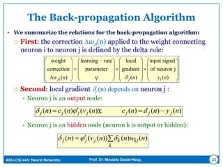 ASU-CSC445: Neural Networks Prof. Dr. Mostafa Gadal-Haqq
The Back-propagation Algorithm
 We summarize the relations for the back-propagation algorithm:
 First: the correction wji(n) applied to the weight connecting
neuron i to neuron j is defined by the delta rule:
 Second: local gradient j (n) depends on neuron j :
 Neuron j is an output node:
 Neuron j is an hidden node (neuron k is output or hidden):
23































 











 )(
jneuronof
signalinput
)(
gradient
local
parameter
ratelearning
)(
correction
weight
nynnw ijji 
)()()(;))(()()( nyndnenvnen jjjjjjj  

k
kjkjjj nwnnvn )()())(()( 
 