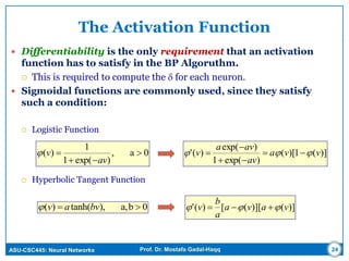 ASU-CSC445: Neural Networks Prof. Dr. Mostafa Gadal-Haqq
The Activation Function
 Differentiability is the only requirement that an activation
function has to satisfy in the BP Algoruthm.
 This is required to compute the  for each neuron.
 Sigmoidal functions are commonly used, since they satisfy
such a condition:
 Logistic Function
 Hyperbolic Tangent Function
24
0a,
)exp(1
1
)( 


av
v )](1)[(
)exp(1
)exp(
)(' vva
av
ava
v  



0ba,,)tanh()(  bvav )]()][([)(' vava
a
b
v  
 