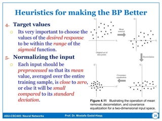 ASU-CSC445: Neural Networks Prof. Dr. Mostafa Gadal-Haqq
Heuristics for making the BP Better
4. Target values
 Its very important to choose the
values of the desired response
to be within the range of the
sigmoid function.
5. Normalizing the input
 Each input should be
preprocessed so that its mean
value, averaged over the entire
training sample, is close to zero,
or else it will be small
compared to its standard
deviation.
28
Figure 4.11 Illustrating the operation of mean
removal, decorrelation, and covariance
equalization for a two-dimensional input space.
 