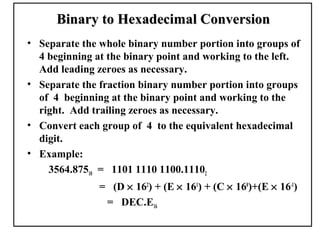 Binary to Hexadecimal Conversion
• Separate the whole binary number portion into groups of
  4 beginning at the binary point and working to the left.
  Add leading zeroes as necessary.
• Separate the fraction binary number portion into groups
  of 4 beginning at the binary point and working to the
  right. Add trailing zeroes as necessary.
• Convert each group of 4 to the equivalent hexadecimal
  digit.
• Example:
    3564.87510 = 1101 1110 1100.11102
               = (D × 162) + (E × 161) + (C × 160)+(E × 16-1)
                = DEC.E16
 