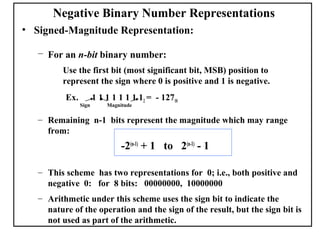 Negative Binary Number Representations
• Signed-Magnitude Representation:

   – For an n-bit binary number:
         Use the first bit (most significant bit, MSB) position to
         represent the sign where 0 is positive and 1 is negative.
          Ex.          1 1 1 1 1 1 1 12 = - 12710
                Sign       Magnitude

   – Remaining n-1 bits represent the magnitude which may range
     from:
                                -2(n-1) + 1 to 2(n-1) - 1

   – This scheme has two representations for 0; i.e., both positive and
     negative 0: for 8 bits: 00000000, 10000000
   – Arithmetic under this scheme uses the sign bit to indicate the
     nature of the operation and the sign of the result, but the sign bit is
     not used as part of the arithmetic.
 