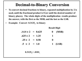 Decimal-to-Binary Conversion
•   To convert decimal fractions to binary, repeated multiplication by 2 is
    used, until the fractional product is 0 (or until the desired number of
    binary places). The whole digits of the multiplication results produce
    the answer, with the first as the MSB, and the last as the LSB.
•   Example: Convert 0.312510 to binary

                                             Result Digit
                .3125 × 2    = 0.625            0    (MSB)
                 .625 × 2     = 1.25             1
                 .25 × 2      = 0.50             0
                 .5 × 2       = 1.0              1   (LSB)


                     0.312510 = .01012
 