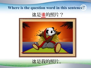 Where is the question word in this sentence?
             这是谁的照片？




             这是我的照片。
 