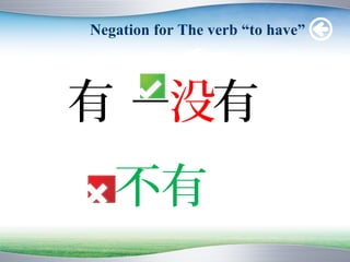 Negation for The verb “to have”




有 －没有
   不有
 