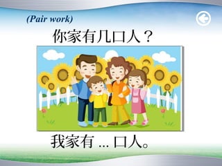 (Pair work)

      你家有几口人？




     我家有 ... 口人。
 