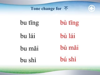 Tone change for 不


bu tīng          bù tīng

bu lái           bù lái
bu mǎi           bù mǎi
bu shì           bú shì
 