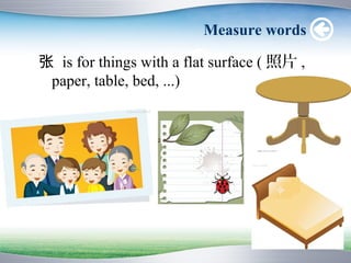 Measure words

张 is for things with a flat surface ( 照片 ,
 paper, table, bed, ...)
 