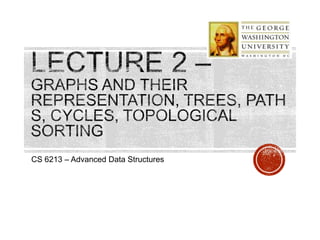 CS 6213 –
Advanced
Data
Structures
Lecture 2
GRAPHS AND THEIR
REPRESENTATION
TREES, PATHS, CYCLES
TOPOLOGICAL SORTING
 