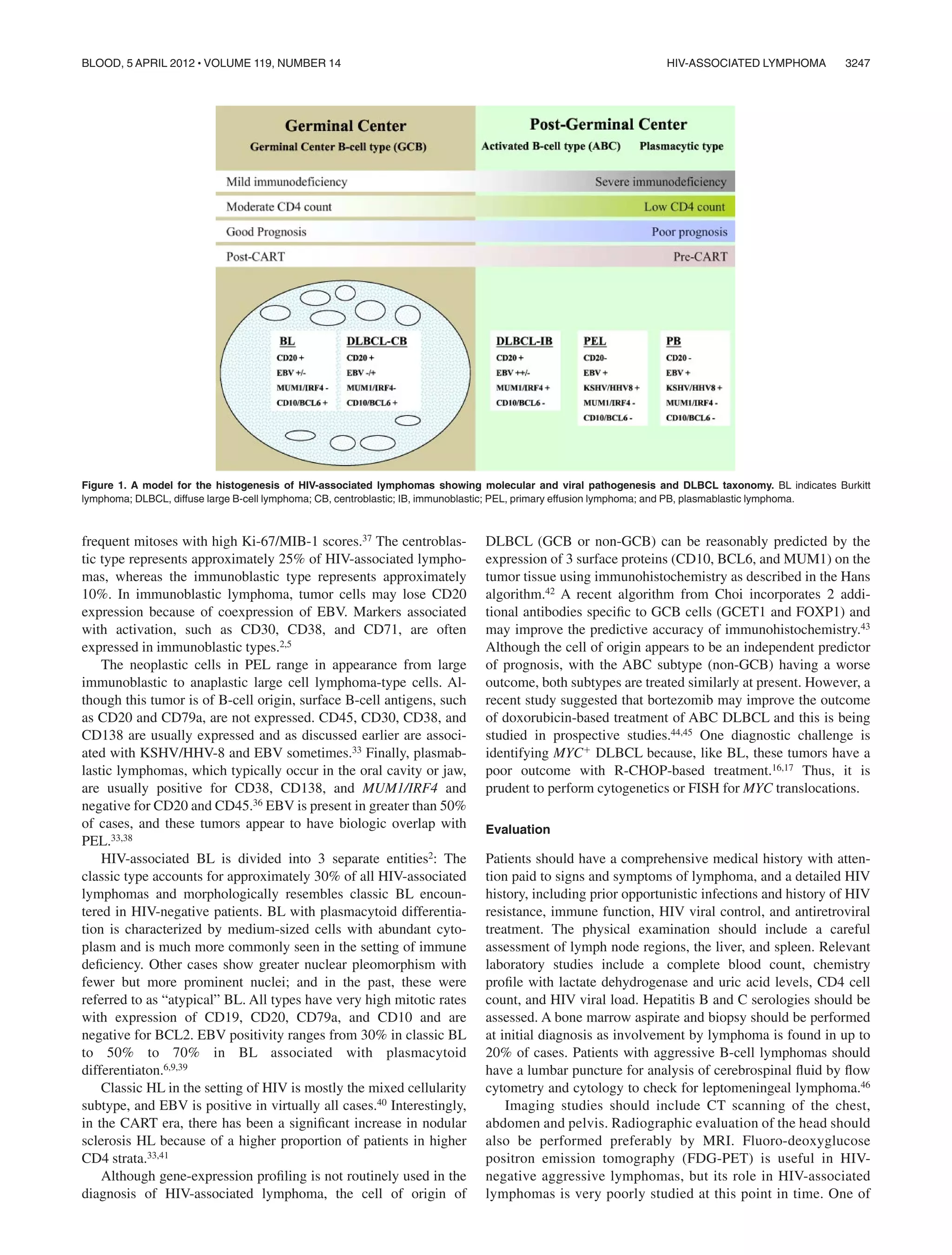 frequent mitoses with high Ki-67/MIB-1 scores.37 The centroblas-
tic type represents approximately 25% of HIV-associated lympho-
mas, whereas the immunoblastic type represents approximately
10%. In immunoblastic lymphoma, tumor cells may lose CD20
expression because of coexpression of EBV. Markers associated
with activation, such as CD30, CD38, and CD71, are often
expressed in immunoblastic types.2,5
The neoplastic cells in PEL range in appearance from large
immunoblastic to anaplastic large cell lymphoma-type cells. Al-
though this tumor is of B-cell origin, surface B-cell antigens, such
as CD20 and CD79a, are not expressed. CD45, CD30, CD38, and
CD138 are usually expressed and as discussed earlier are associ-
ated with KSHV/HHV-8 and EBV sometimes.33 Finally, plasmab-
lastic lymphomas, which typically occur in the oral cavity or jaw,
are usually positive for CD38, CD138, and MUM1/IRF4 and
negative for CD20 and CD45.36 EBV is present in greater than 50%
of cases, and these tumors appear to have biologic overlap with
PEL.33,38
HIV-associated BL is divided into 3 separate entities2: The
classic type accounts for approximately 30% of all HIV-associated
lymphomas and morphologically resembles classic BL encoun-
tered in HIV-negative patients. BL with plasmacytoid differentia-
tion is characterized by medium-sized cells with abundant cyto-
plasm and is much more commonly seen in the setting of immune
deﬁciency. Other cases show greater nuclear pleomorphism with
fewer but more prominent nuclei; and in the past, these were
referred to as “atypical” BL. All types have very high mitotic rates
with expression of CD19, CD20, CD79a, and CD10 and are
negative for BCL2. EBV positivity ranges from 30% in classic BL
to 50% to 70% in BL associated with plasmacytoid
differentiaton.6,9,39
Classic HL in the setting of HIV is mostly the mixed cellularity
subtype, and EBV is positive in virtually all cases.40 Interestingly,
in the CART era, there has been a signiﬁcant increase in nodular
sclerosis HL because of a higher proportion of patients in higher
CD4 strata.33,41
Although gene-expression proﬁling is not routinely used in the
diagnosis of HIV-associated lymphoma, the cell of origin of
DLBCL (GCB or non-GCB) can be reasonably predicted by the
expression of 3 surface proteins (CD10, BCL6, and MUM1) on the
tumor tissue using immunohistochemistry as described in the Hans
algorithm.42 A recent algorithm from Choi incorporates 2 addi-
tional antibodies speciﬁc to GCB cells (GCET1 and FOXP1) and
may improve the predictive accuracy of immunohistochemistry.43
Although the cell of origin appears to be an independent predictor
of prognosis, with the ABC subtype (non-GCB) having a worse
outcome, both subtypes are treated similarly at present. However, a
recent study suggested that bortezomib may improve the outcome
of doxorubicin-based treatment of ABC DLBCL and this is being
studied in prospective studies.44,45 One diagnostic challenge is
identifying MYCϩ DLBCL because, like BL, these tumors have a
poor outcome with R-CHOP-based treatment.16,17 Thus, it is
prudent to perform cytogenetics or FISH for MYC translocations.
Evaluation
Patients should have a comprehensive medical history with atten-
tion paid to signs and symptoms of lymphoma, and a detailed HIV
history, including prior opportunistic infections and history of HIV
resistance, immune function, HIV viral control, and antiretroviral
treatment. The physical examination should include a careful
assessment of lymph node regions, the liver, and spleen. Relevant
laboratory studies include a complete blood count, chemistry
proﬁle with lactate dehydrogenase and uric acid levels, CD4 cell
count, and HIV viral load. Hepatitis B and C serologies should be
assessed. A bone marrow aspirate and biopsy should be performed
at initial diagnosis as involvement by lymphoma is found in up to
20% of cases. Patients with aggressive B-cell lymphomas should
have a lumbar puncture for analysis of cerebrospinal ﬂuid by ﬂow
cytometry and cytology to check for leptomeningeal lymphoma.46
Imaging studies should include CT scanning of the chest,
abdomen and pelvis. Radiographic evaluation of the head should
also be performed preferably by MRI. Fluoro-deoxyglucose
positron emission tomography (FDG-PET) is useful in HIV-
negative aggressive lymphomas, but its role in HIV-associated
lymphomas is very poorly studied at this point in time. One of
Figure 1. A model for the histogenesis of HIV-associated lymphomas showing molecular and viral pathogenesis and DLBCL taxonomy. BL indicates Burkitt
lymphoma; DLBCL, diffuse large B-cell lymphoma; CB, centroblastic; IB, immunoblastic; PEL, primary effusion lymphoma; and PB, plasmablastic lymphoma.
HIV-ASSOCIATED LYMPHOMA 3247BLOOD, 5 APRIL 2012 ⅐ VOLUME 119, NUMBER 14
 