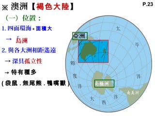 ※ 澳洲【褐色大陸】
（一）位置：
1. 四面環海＋面積大
→ 「 」
2. 與各大洲相距遙遠
→ 深具孤立性
→ 特有種多
( 袋鼠 . 無尾熊 . 鴨嘴獸 )
島洲
亞洲
P.23
 