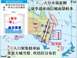 大分水嶺東側
夏
雨
型
暖
濕
人口聚集精華區
精華區
( 南半
球 )
溫和濕潤
夏季迎東南信風雨量較多
重要大城雪梨 . 坎培拉分布於
P.24
 