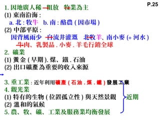 1. 因地廣人稀 粗放 牧業為主
(1) 東南沿海 :
a. 北 : 牧牛 b. 南 : 酪農 ( 因市場 )
(2) 中部平原 :
因背風雨少 自流井灌 北牧溉 羊、南小麥 (+ 河水 )
牛肉、乳製品 . 小麥 . 羊毛行銷全球
2. 礦業
(1) 金黃 ( 早期 ). 煤、鐵 . 石油
(2) 出口礦 為重要的收入來源產
3. 重工業：近年利用礦產 ( 石油 . 煤 . 鐵 ) 發展工業
4. 觀光業
(1) 特有的生物 ( 位置孤立性 ) 與天然景觀 近期
(2) 和的氣候溫
5. 農、牧、礦、工業及服務業均衡發展
P.25
 