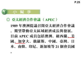 ◎ 亞太經濟合作會議（ APEC ）
1989 年澳洲提議召開亞太經濟合作會議
，期望帶動亞太區域經濟成長與發展。
目前 APEC 成員包括澳洲、紐西蘭、美
國、加拿大、俄羅斯、中國、臺灣、日
本、南韓、印尼、新加坡等 21 個會員國
。
P.25
 