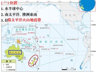 1. 水半球中心
2. 南太平洋、澳洲東南
3. 位環太平洋火山地震帶
( 一 ) 位置
 