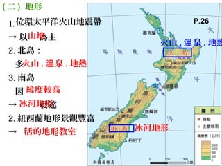 1.
→ 以 為主
2. 北島：
多
3. 南島
因
→ 發達
2. 紐西蘭地形景觀豐富
→ 「 」
山地
火山 . 泉溫 . 地熱
冰河地形
火山 . 泉溫 . 地熱
冰河地形
( 二 ) 地形
活的地形教室
位環太平洋火山地震帶
緯度較高
P.26
 
