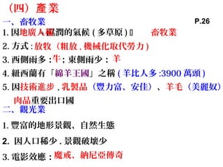 （四） 業產
一、畜牧業
1. 因 + 濕潤的氣候 ( 多草原 ) 
2. 方式 :
3. 西側雨多： ；東側雨少：
4. 紐西蘭有「綿羊王國」之稱 ( 羊比人多 :3900 萬頭 )
5. 因技術進步 , 乳製品（豐力富、安佳）、羊毛（美麗奴）
肉品重要出口國
二、觀光業
1. 豐富的地形景觀、自然生態
2. 因人口稀少 . 景觀破壞少
3. 電影效應：魔戒、納尼亞傳奇
地廣人稀 畜牧業
放牧（粗放 , 機械化取代勞力 )
牛 羊
P.26
 