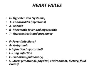 HEART FAILES
• H- Hypertension (systemic)
• E- Endocarditis (infections)
• A- Anemia
• R- Rheumatic fever and myocarditis
• T- Thyrotoxicosis and pregnancy
• F- Fever (infections)
• A- Arrhythmia
• I- infarction (myocardial)
• L- Lung infection
• E- Embolism (pulmonary)
• S- Stress (emotional, physical, environment, dietary, fluid
excess)
 