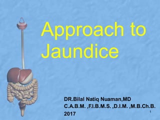 Approach
Jaundice
to
DR.Bilal Natiq Nuaman,MD
C.A.B.M. ,F.I.B.M.S. ,D.I.M. ,M.B.Ch.B.
1
2017
 