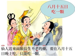 仙人送來兩顆長生不老的藥，要在八月十五
日晚上吃，只能吃一顆。
xiān kē lǎo yào
kēnéng
八月十五日
吃一顆
 