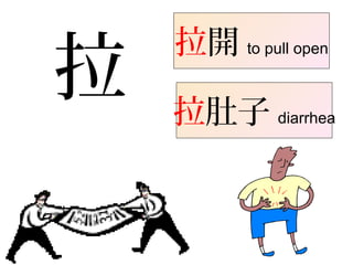 拉
拉開 to pull open
拉肚子 diarrhea
 