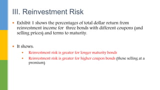  Exhibit 1 shows the percentages of total dollar return from
reinvestment income for three bonds with different coupons (and
selling prices) and terms to maturity.
 It shows:
 Reinvestment risk is greater for longer maturity bonds
 Reinvestment risk is greater for higher coupon bonds (those selling at a
premium)
III. Reinvestment Risk
 