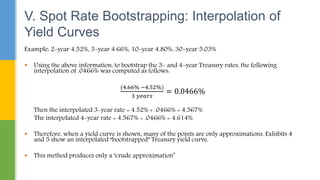 Example: 2-year 4.52%, 5-year 4.66%, 10-year 4.80%, 30-year 5.03%
 Using the above information, to bootstrap the 3- and 4-year Treasury rates, the following
interpolation of .0466% was computed as follows:
(4.66% −4.52%)
3 𝑦𝑒𝑎𝑟𝑠
= 0.0466%
Then the interpolated 3-year rate = 4.52% + .0466% = 4.567%
The interpolated 4-year rate = 4.567% + .0466% = 4.614%
 Therefore, when a yield curve is shown, many of the points are only approximations. Exhibits 4
and 5 show an interpolated “bootstrapped” Treasury yield curve.
 This method produces only a ‘crude approximation’
V. Spot Rate Bootstrapping: Interpolation of
Yield Curves
 
