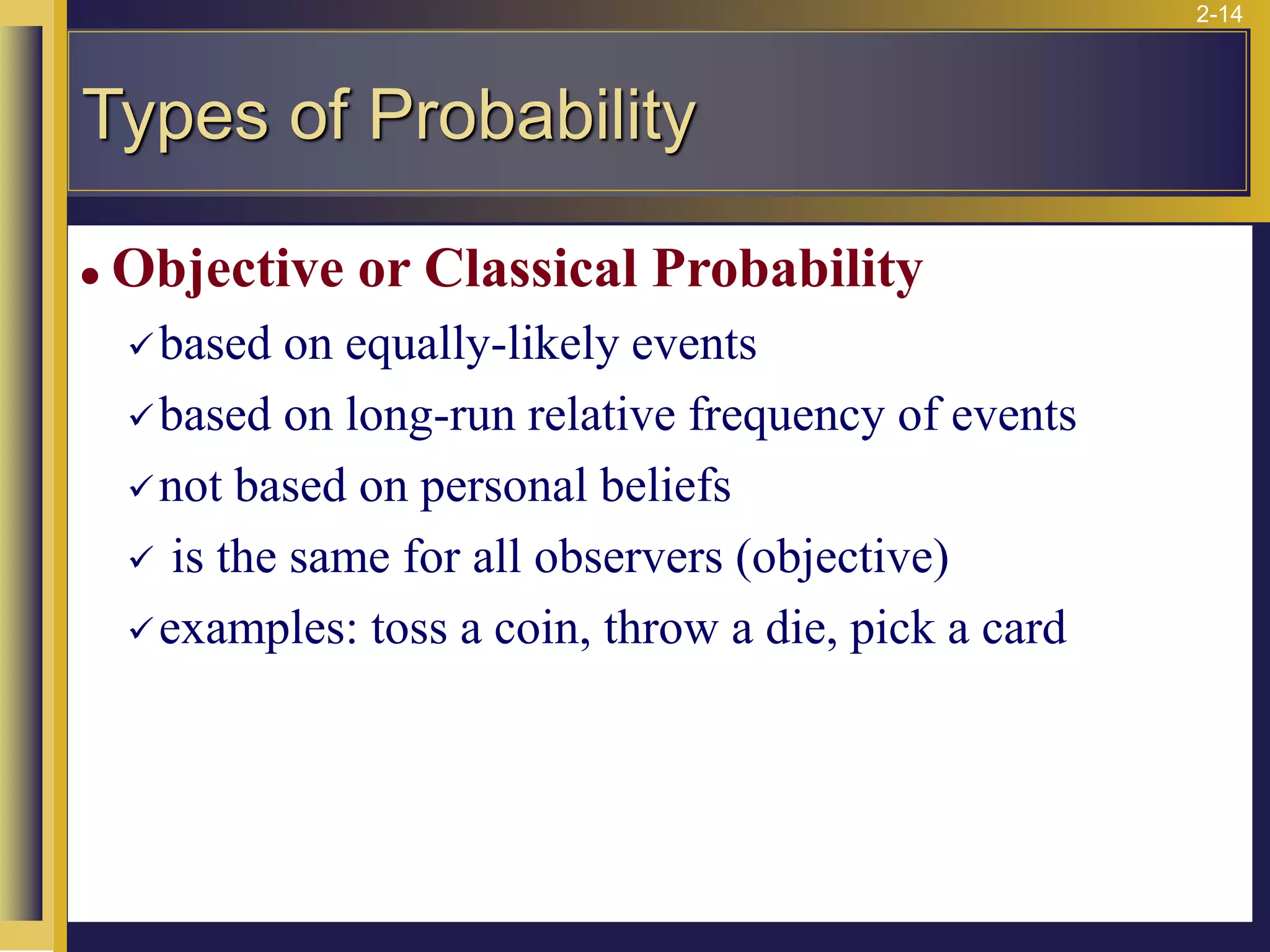 2-14
Types of Probability
⚫ Objective or Classical Probability
✓based on equally-likely events
✓based on long-run relative frequency of events
✓not based on personal beliefs
✓ is the same for all observers (objective)
✓examples: toss a coin, throw a die, pick a card
 